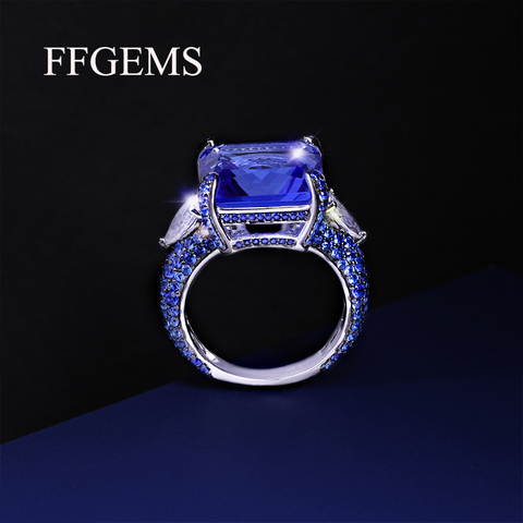 FFGEMS 100% de Plata de Ley 925 anillos grandes Azul Aguamarina piedras preciosas de zafiro joyería fina para las mujeres regalo de fiesta de boda caja 2022 ► Foto 1/6