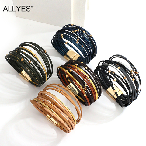 ALLYES de moda perlas simples Mulitlayer caqui pulseras de cuero genuino para mujeres Boho Slim tiras pulsera de joyería femenina ► Foto 1/6