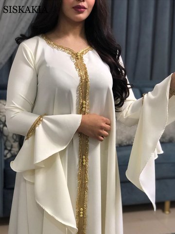 Siskakia-vestido Kaftan Jalabiya para mujer, bordado de cinta dorada de Dubái, Turquía, ropa musulmana árabe islámica, color blanco, 2022 ► Foto 1/6