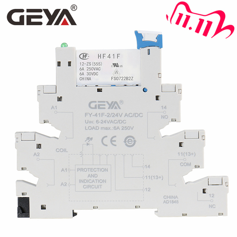 GEYA-Módulo de relé Delgado, circuito de protección, relé 6A, 12VDC/AC o 24VDC/AC, zócalo de relé de 6,2mm de grosor ► Foto 1/6