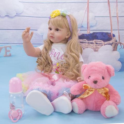 Muñecas de silicona Reborn 60cm de silicona de vinilo Reborn Baby Doll juguetes para niñas pequeñas de cuerpo suave hecho a mano realista de pelo largo de juguete ► Foto 1/6