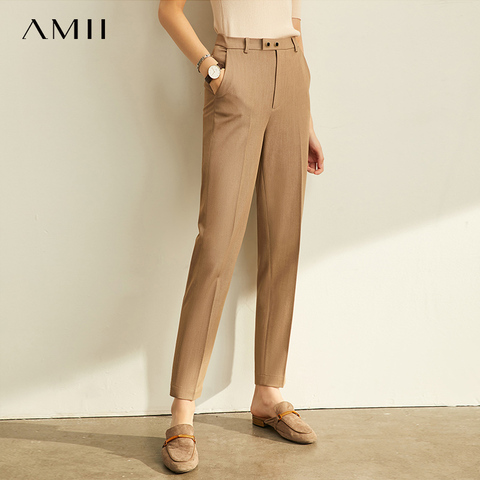 Amii pantalones de primavera otoño Oficina señora sólido nueve puntos sueltos pantalones femeninos de alta cintura Slim Straight mujeres traje pantalones 11960733 ► Foto 1/5