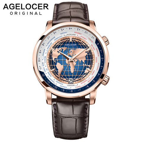 Reloj AGELOCER para hombre, marca de lujo suiza, reloj mecánico automático a la hora mundial, relojes de pulsera de cuero zafiro para hombre ► Foto 1/6