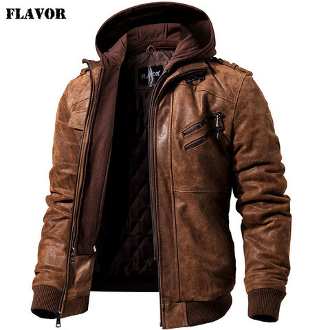 Chaqueta de motocicleta de cuero Real para hombre abrigo de invierno con capucha extraíble chaquetas de cuero genuino para hombre ► Foto 1/6