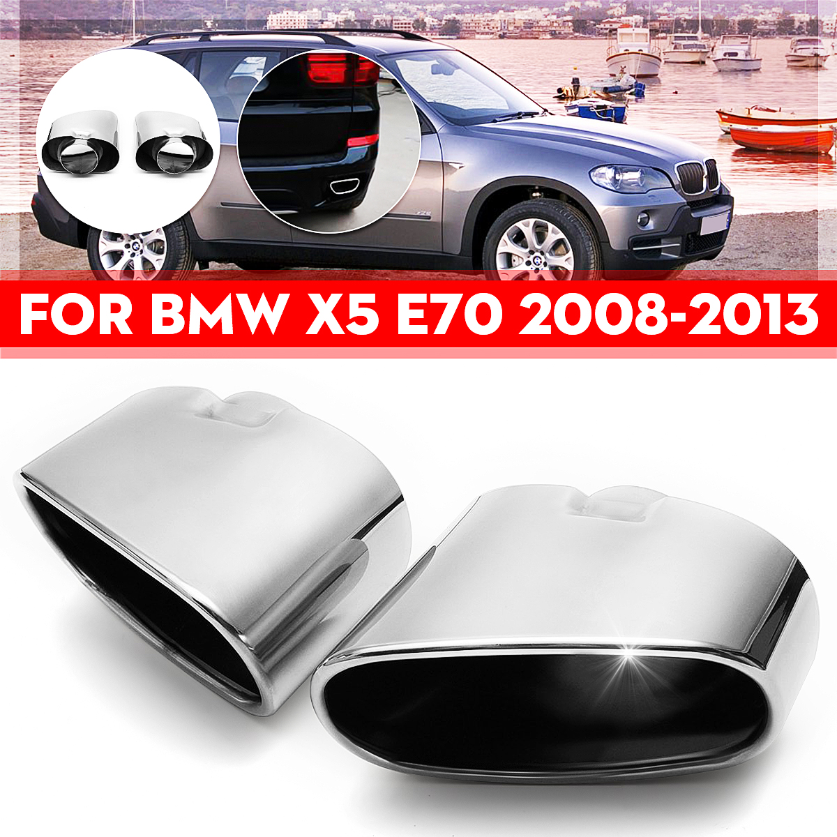 Par de accesorios para automóvil, tubo de escape doble de cromo con punta de silenciador de acero inoxidable para BMW X5 E70 2008 2009 2010 2011 2012 2013 ► Foto 1/6