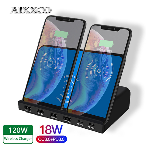 AIXXCO 120W cargador USB Dual PD QC3.0 cargador rápido 6 puertos USB Adaptador 10W inalámbrico rápido de la estación de carga ► Foto 1/6