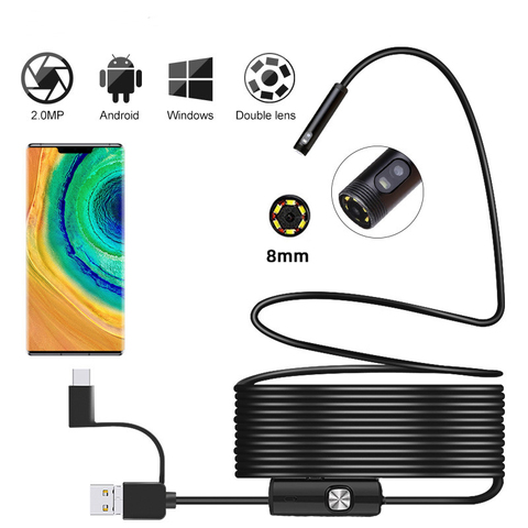 Cámara endoscópica Dual USB, boroscopio de 1m 3 en 1/2m/3m/5m, Cable duro HD, cámara de inspección, 8mm, 6 LED, para endoscopio Android y PC ► Foto 1/6