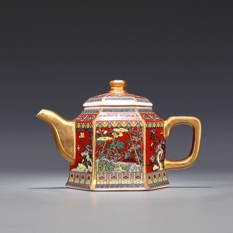 Jingdezhen antigüedad Qianlong de esmalte de oro tetera con mango hexagonal teteras con flores y patrón de aves antigua olla de cerámica ► Foto 1/6