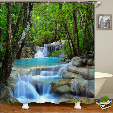 Cortinas de ducha impermeables con estampado 3d de cascada de bosque verde, cortina de baño con ganchos, tela de poliéster 180x200 ► Foto 1/6