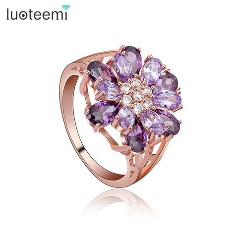 LUOTEEMI a estrenar declaración nupcial flor grande CZ dedo anillos Champagne de oro de color cúbicos Zircon joyería para las mujeres boda regalo ► Foto 1/6