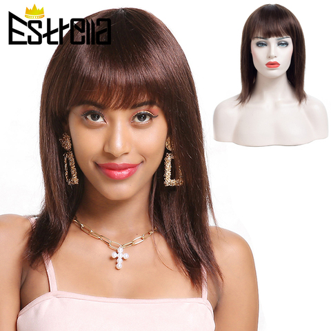 Pelucas de cabello humano corto liso marrón, hechas a máquina, brasileño, flequillo ajustable, negro Natural, no remy, ESTRELLA ► Foto 1/6