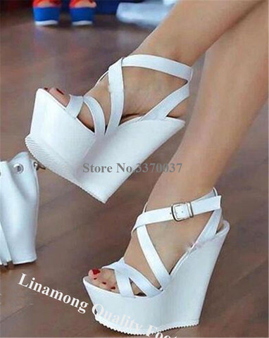 Linamong-Sandalias con punta de plataforma abierta para mujer, zapatos de tacón alto con hebilla cruzada, cuña aumentada de altura, informales, color blanco, nuevo diseño ► Foto 1/6