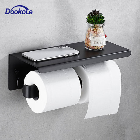 Soporte de papel higiénico de doble rollo soporte de estante de pared, soporte de rollo DE DOBLE TEJIDO de baño con Teléfonos/para almacenar toallitas Rack negro mate ► Foto 1/6