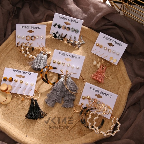 VKME-Conjunto de pendientes con borlas y perlas para mujer, juego de pendientes con combinación de concha de pentagrama acrílico, joyería 2022 ► Foto 1/6