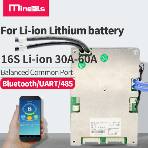 16S Paquete de batería de iones de litio 60V BMS Bluetooth balance smart UART/485 30A 40A 50A 60A Li-ion Placa de protección de batería de litio ► Foto 1/6