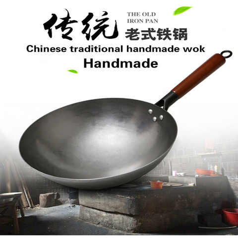 Wok-sartén antiadherente de hierro hecho a mano, utensilio de cocina de Gas de alta calidad, no recubierta, para la salud ► Foto 1/6