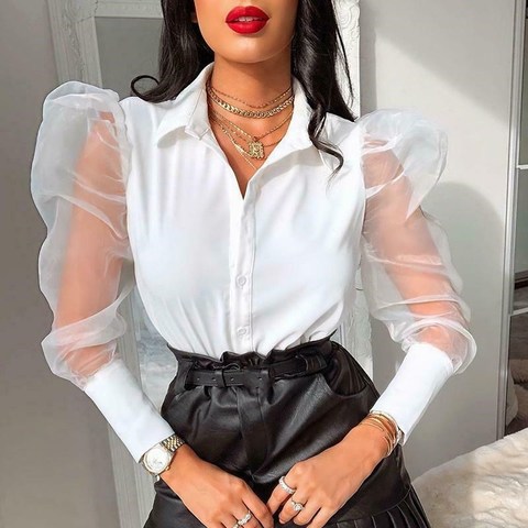 2022 nueva moda mujer blusa de malla pura Puff manga cuello en V elegante botón Blusas Tops, Camisas de mujer Blusas negro blanco ► Foto 1/6