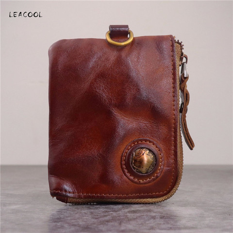 Cartera Vintage de cuero genuino con cremallera para hombre, monedero corto para hombre hecho a mano, monedero para mujer, monedero con tarjetero ► Foto 1/6