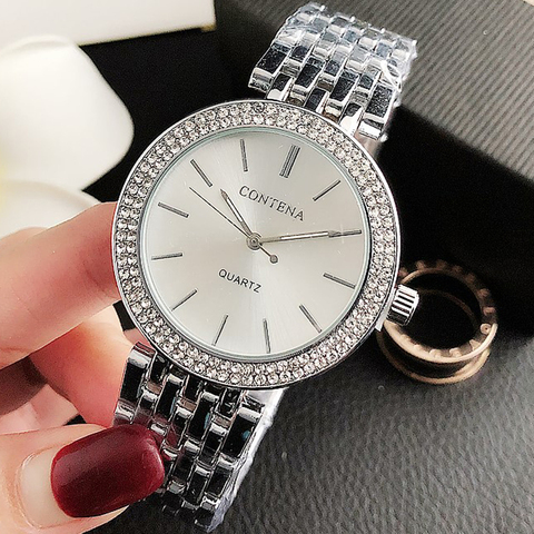 Reloj de diamantes de cristal para mujer, de lujo, plateado, de pulsera, de acero completo ► Foto 1/6