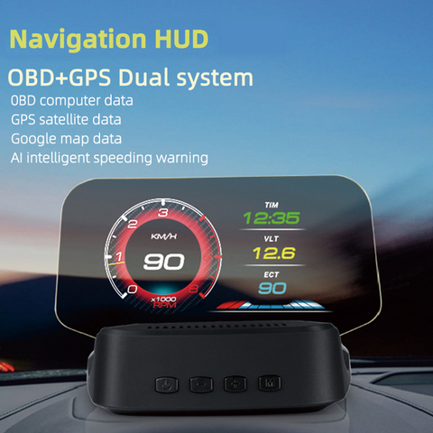 HUD + OBD HD pantalla frontal de coche con navegación GPS Bluetooth parabrisas velocidad proyector alarma de seguridad ► Foto 1/6