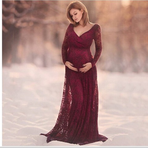 Vestido de manga larga con cuello en V de vino tinto, accesorios de fotografía de maternidad, ropa Maxi de embarazo, vestido de maternidad de encaje, sesión de fotos para embarazadas ► Foto 1/6