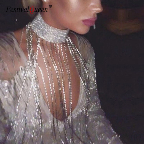 Vestidos de diamantes brillantes dorados y plateados, borla larga con diamante de imitación, cadena corporal suelta Sexy para mujer, noche, fiesta, Mini vestido de lujo 2022 ► Foto 1/6