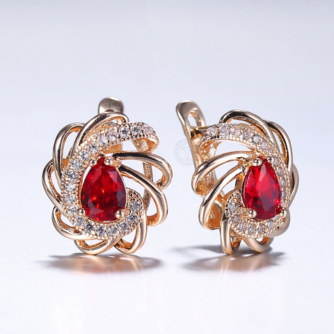 Pendientes colgantes de piedra roja para mujer y niña, de CZ, oro rosa, cristal redondo, flor, joyería elegante, 585 ► Foto 1/6