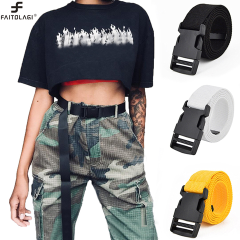 Cinturón de lona negro de moda para mujer, cinturones casuales femeninos con hebilla de plástico, cinturón de mujer largo de Color sólido Harajuku ► Foto 1/6