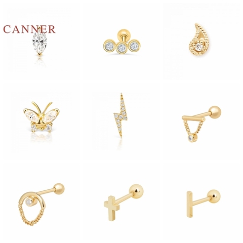 CANNER 1PC 925 Pendientes de la plata esterlina para mujeres sol pétalo Ojo de caballo Luna hilo Pendientes hoja Pendientes de joyería de circón Pendientes de botón Pendientes ► Foto 1/6