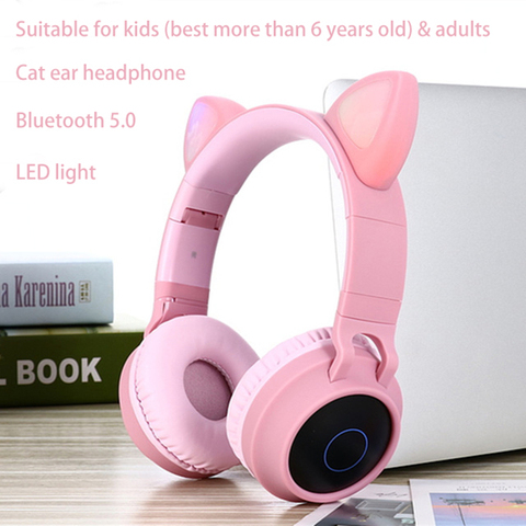 Auriculares Oreja de Gato LED con cancelación de ruido, auriculares Bluetooth 5,0 para adultos y niños, compatible con tarjeta TF, Radio FM con micrófono inalámbrico + con cable ► Foto 1/6