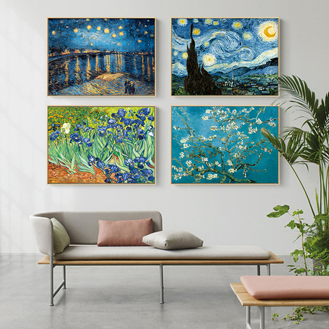Pintura al óleo del famoso artista Van Gogh, pintura de paisaje con cielo estrellado, Flor del Iris, Amanecer, lienzo impreso, póster, imagen para decoración de pared ► Foto 1/6