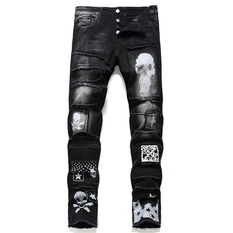 Pantalones vaqueros de moda para hombre, pantalón negro con Calavera, de alta calidad, diseño informal, rasgados y cómodos ► Foto 1/6