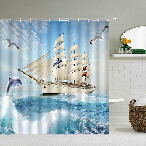 Sailboat-cortinas de ducha impermeables para baño, cortinas de navegación marina con impresión 3d con ganchos, tela lavable de 180x180cm ► Foto 1/6