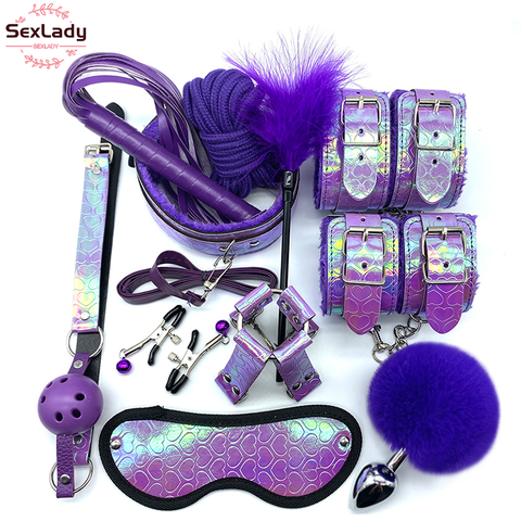 SexLady-Conjunto de Bondage Bdsm para parejas, pinzas para pezones, esposas para sexo, látigo, Collar, mordaza, cuero deslumbrante, Juguetes sexuales eróticos ► Foto 1/6