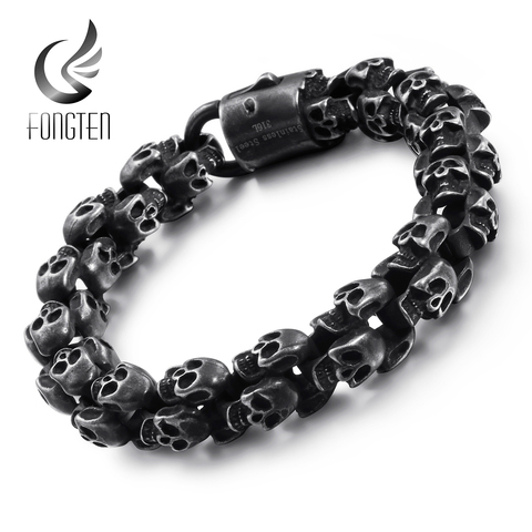 Fongten Vintage calavera Acero inoxidable hombres negro oro Retro personalizado amistad pulsera moda accesorios joyería ► Foto 1/6