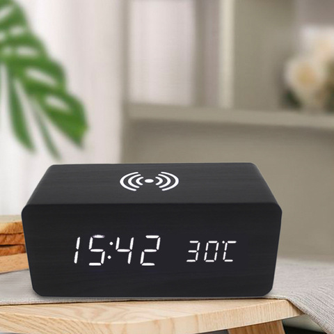 Reloj despertador de madera con carga inalámbrica, cronógrafo Digital LED con fecha de temperatura, Control Acústico, relojes de escritorio con sensor ► Foto 1/6