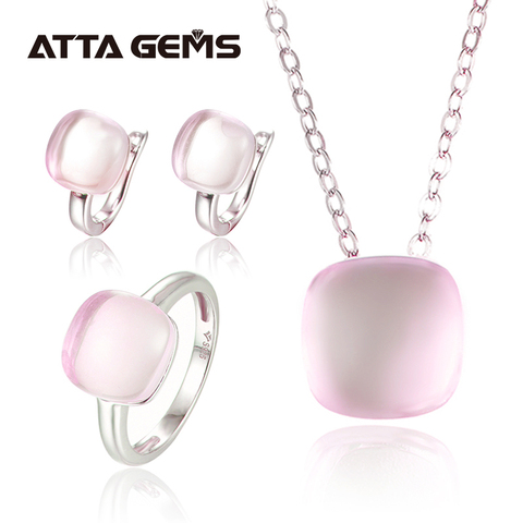 Conjuntos de joyas de plata de ley, cuarzo rosa Natural, corte de cabujón, 20,6 quilates, cristal Rosa Natural, piedra de calidad superior, estilo romántico ► Foto 1/6