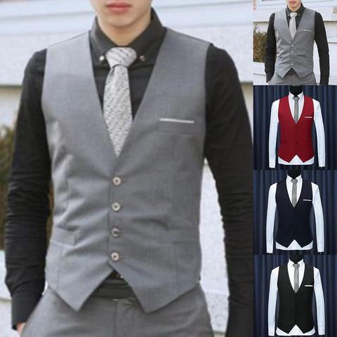 Chaleco de moda para hombre, chaqueta de Color sólido con cuello de pico sin mangas, chaqueta de botones de talla grande, Formal, de negocios, chalecos ► Foto 1/6