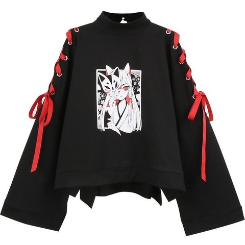 Harajuku-Camiseta con estampado de zorro para mujer, ropa de verano para mujer, Top negro con estampado de zorro impreso, cinta cruzada para mujer, Top de Lolita para niña, sudaderas con capucha de primavera ► Foto 1/4