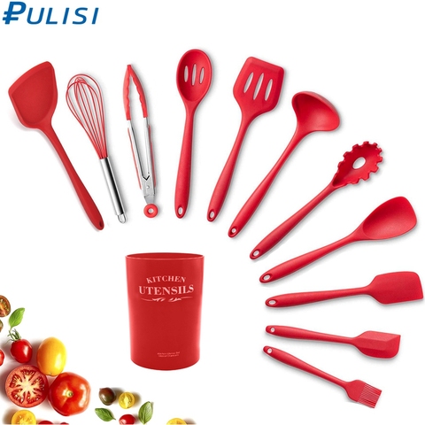 Juego de utensilios de cocina de silicona, conjunto de cuchara, cepillo, espátula, batidor de huevos, utensilios de cocina, utensilios de cocina, negro y rojo, 1 ud. ► Foto 1/6