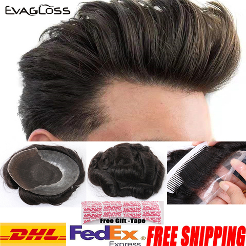 EVAGLOSS hombre tupé 100% Real Natural Remy cabello humano de los hombres Peluca de encaje francés fina tupé de poliuretano pelo sistema de reemplazo ► Foto 1/6