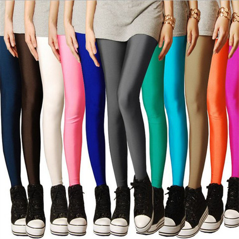 VISNXGI-pantalones de Color liso para mujer, mallas elásticas brillantes, informales, fluorescentes, de licra, hasta el tobillo, de punto ► Foto 1/1