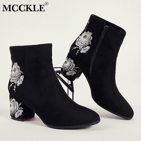 Botas de tobillo MCCKLE para mujer, botas cortas bordadas de moda de felpa cálidas de invierno, zapatos de tacón alto con punta redonda, zapatos casuales con cremallera para Mujer ► Foto 1/6