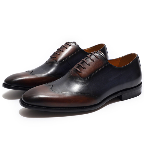 Zapato Oxford para hombre con punta de ala moderna de cuero de vaca genuino con cordones zapatos formales de colores mezclados para hombre zapatos de vestir ► Foto 1/6