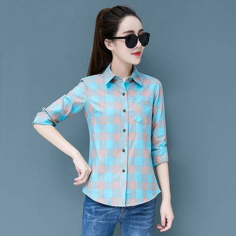 Blusa de manga larga a cuadros para primavera 2022, ropa informal coreana para mujer, camisa elegante de oficina, Camisetas estampadas de talla grande 5XL ► Foto 1/6