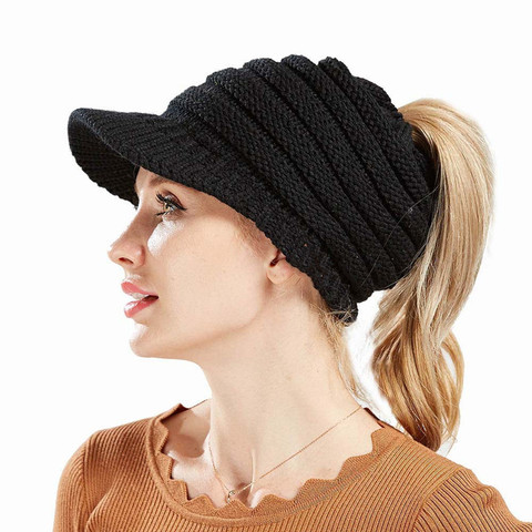 Gorros de otoño para mujer, para niña Gorro con cola de caballo, gorro con cola suave desordenado para mujer, gorro de punto, gorro elástico para invierno, gorros cálidos, accesorios ► Foto 1/6