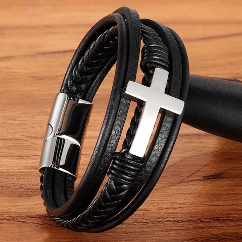 Estilo de Cruz-pulsera de cuero de acero inoxidable con diseño de capas para hombre, brazalete de piel, diseño de capas, 5 estilos diferentes ► Foto 1/6