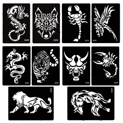 Xasir-10 hojas de esténcil para tatuajes con aerógrafo para hombres, plantillas de Lobo, dragón Tigre, para la espalda, brazo, pintura corporal, 13x19cm ► Foto 1/6