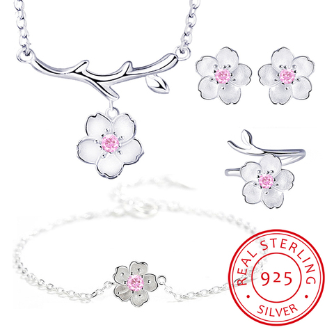 Conjunto de joyería de plata de ley 925, collar romántico con flores de cerezo, pendientes, anillo y pulsera para mujer, regalo ► Foto 1/6