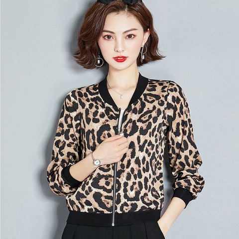 Chaqueta con estampado de leopardo para mujer, abrigo fino con cuello levantado, Cazadora Bomber de manga larga, Tops informales, Tops de talla grande ► Foto 1/6